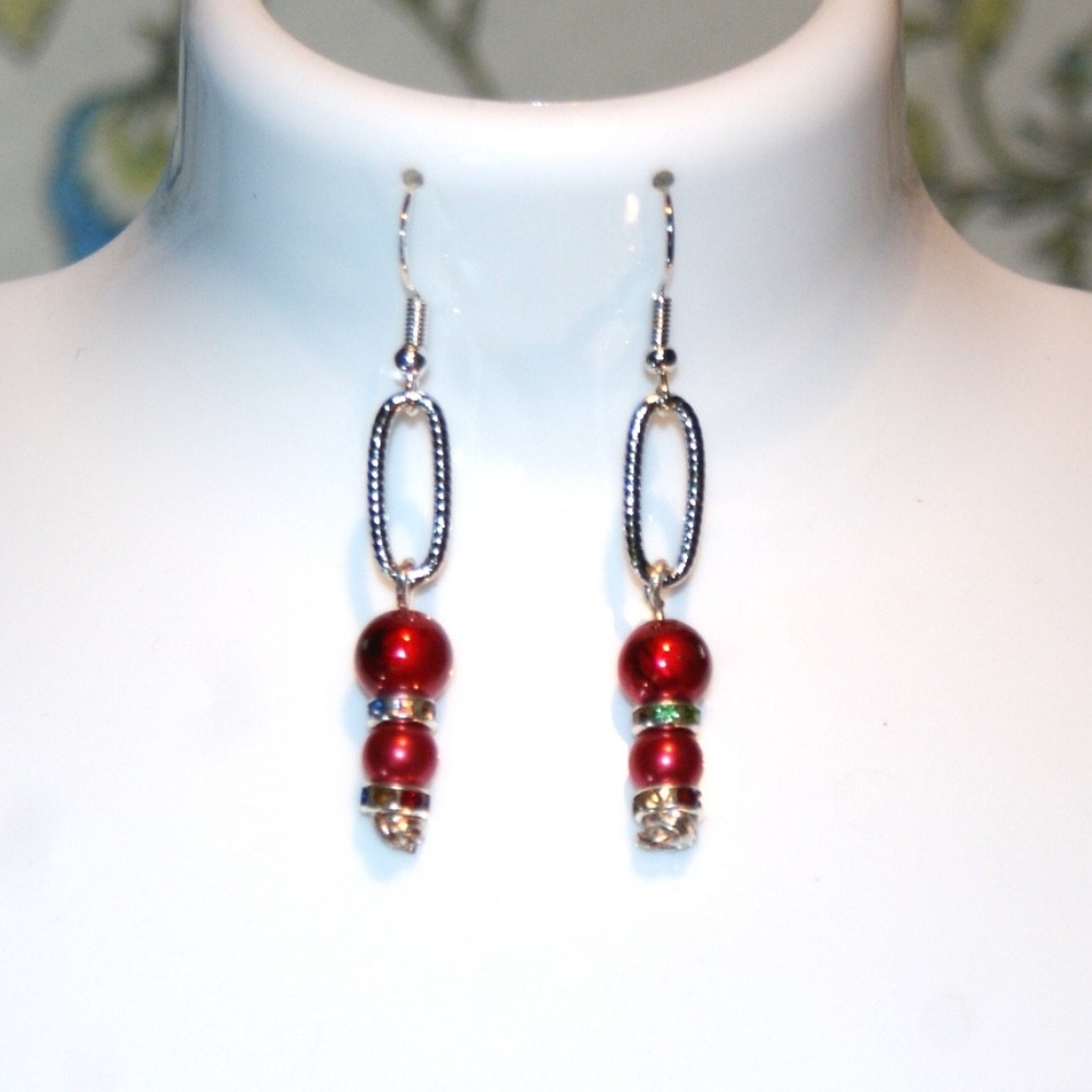 Dangle earrings with crimson faux pearls featuring hand made headpin ED-10-013